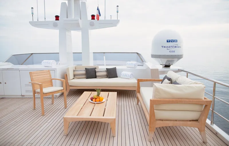 Sama Yacht Photos Pics Luxurious deck of 2017 Azimut Grande 35 Metri yacht with elegant seating and fruit platter.