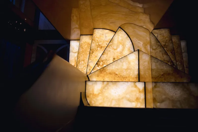 Sama Yacht Photos Pics Illuminated geometric design on Azimut Grande 35 Metri yacht staircase, 2017 model.