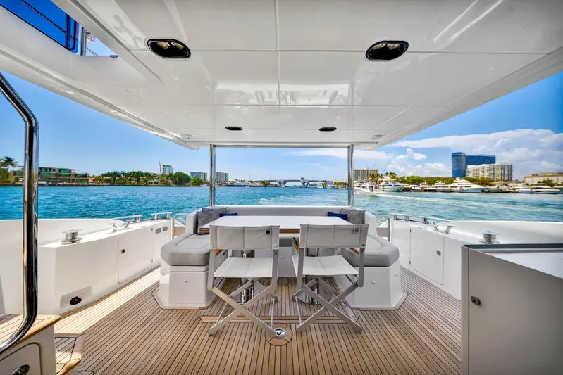  Yacht Photos Pics Azimut Fly 60 yacht deck, 2022 model, with ocean view and modern seating.