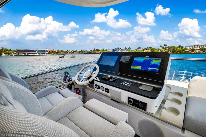  Yacht Photos Pics Luxurious 2022 Azimut Fly 60 yacht cockpit with advanced navigation systems.