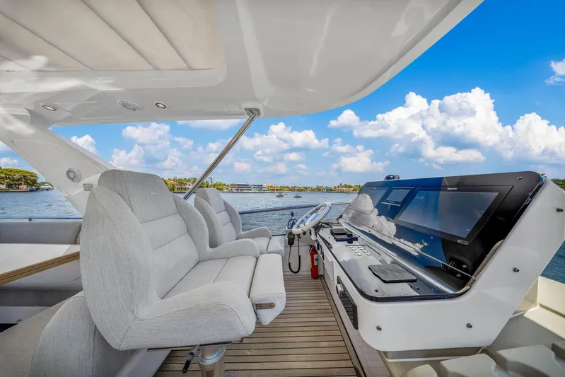  Yacht Photos Pics 2022 Azimut Fly 60 yacht cockpit with luxurious seating and modern navigation system.