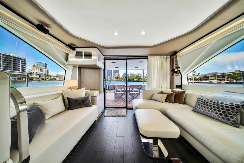  Yacht Photos Pics Luxurious interior of 2022 Azimut Fly 60 yacht with modern furnishings and waterfront view.