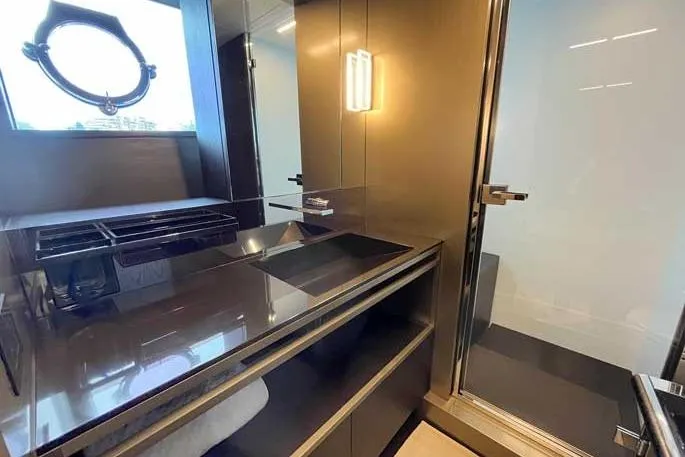  Yacht Photos Pics Luxurious bathroom interior of 2020 Ferretti Yachts 850, featuring sleek modern design.