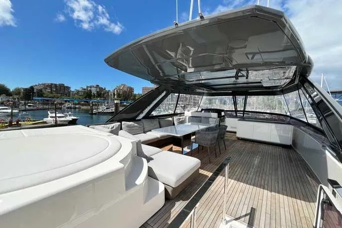  Yacht Photos Pics Luxurious 2020 Ferretti Yachts 850 with spacious deck and modern seating area.