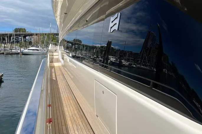  Yacht Photos Pics 2020 Ferretti Yachts 850, sleek deck view, docked in marina.