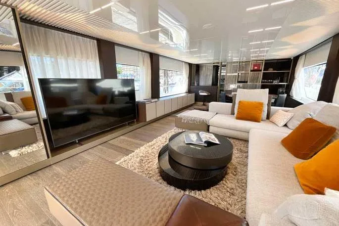  Yacht Photos Pics Luxurious interior of 2020 Ferretti Yachts 850 with modern decor and spacious seating.