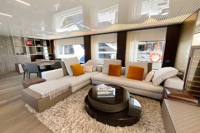  Yacht Photos Pics Luxurious interior of 2020 Ferretti Yachts 850 with modern furnishings and elegant decor.