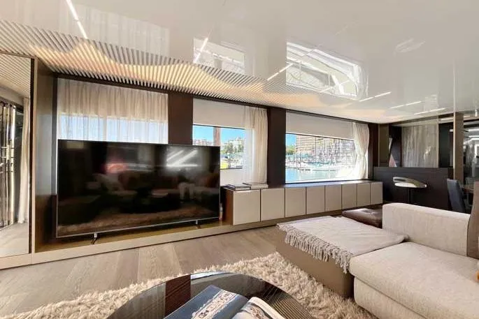  Yacht Photos Pics Luxurious interior of 2020 Ferretti Yachts 850 with modern decor and large windows.