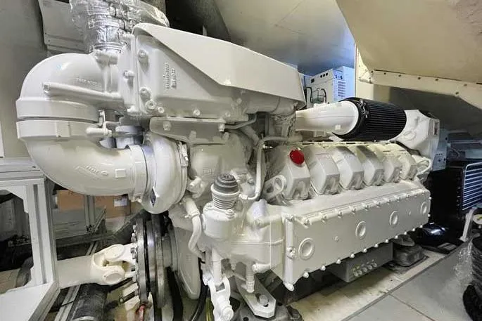  Yacht Photos Pics Engine room of a 2020 Ferretti Yachts 850, showcasing a powerful marine engine.