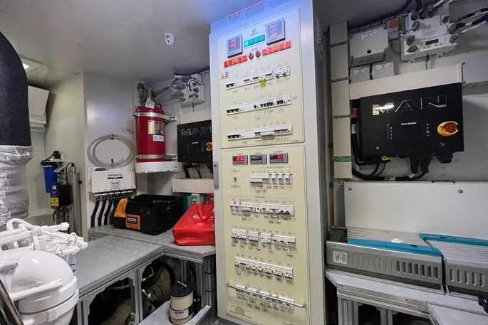  Yacht Photos Pics Engine room of 2020 Ferretti Yachts 850, featuring control panels and equipment.