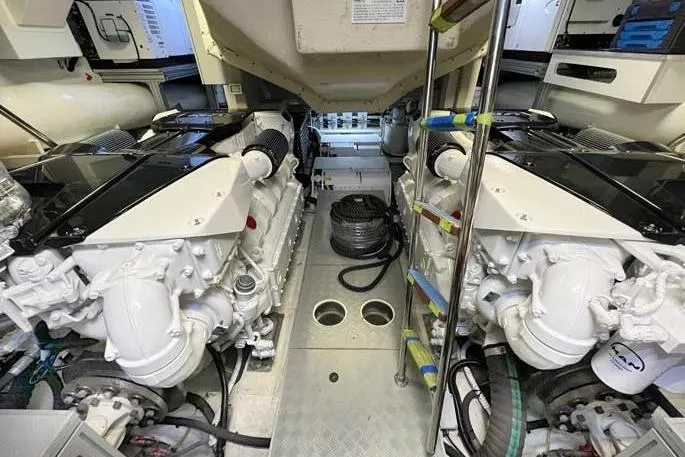  Yacht Photos Pics Engine room of 2020 Ferretti Yachts 850, showcasing dual engines and equipment.