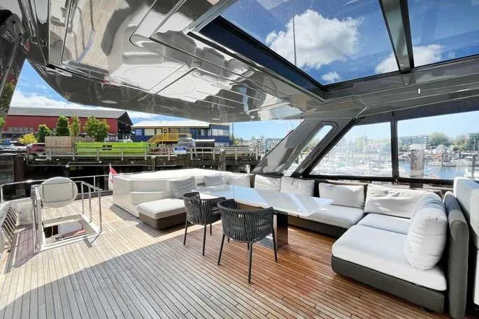  Yacht Photos Pics Luxurious 2020 Ferretti Yachts 850 with spacious outdoor seating and modern design.