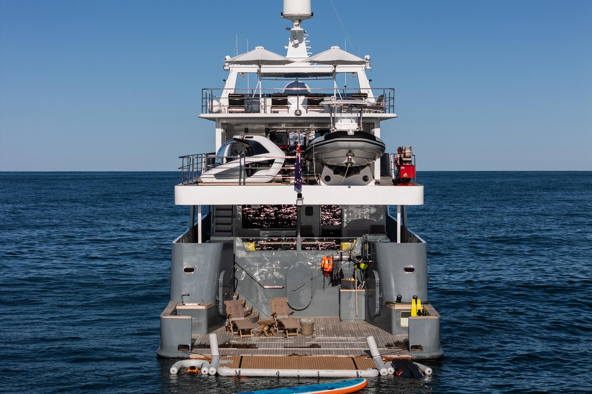 Rear view of 2005 Explorer Tenix Defence ICE EXPLORER yacht on open sea.