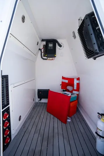  Yacht Photos Pics Interior of a 2018 Freeman 37 VH boat, featuring safety equipment and electrical panel.