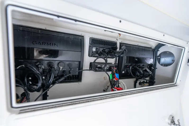  Yacht Photos Pics Freeman 37 VH 2018 boat electronics compartment with Garmin systems and wiring.