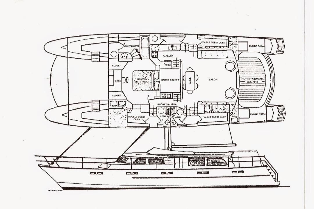 Blueprint of a 1985 Custom Model 60 yacht, featuring detailed interior layout.