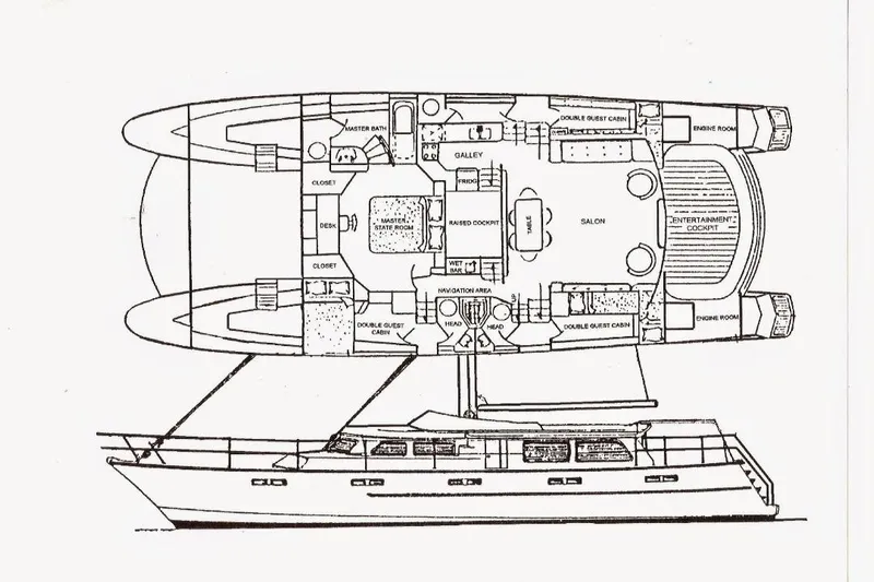 Liahona Yacht Photos Pics Blueprint of a 1985 Custom Model 60 yacht, featuring detailed interior layout.