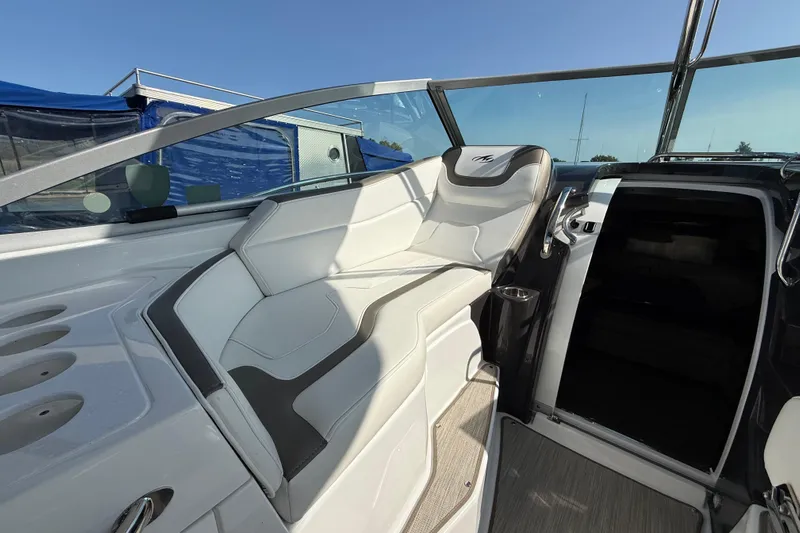  Yacht Photos Pics 2018 Monterey 355 Sport Yacht interior with white seating and modern design.