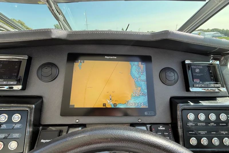  Yacht Photos Pics Dashboard of a 2018 Monterey 355 Sport Yacht with navigation display.
