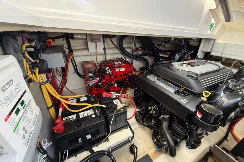  Yacht Photos Pics Engine compartment of 2018 Monterey 355 Sport Yacht with batteries and wiring.