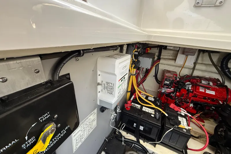  Yacht Photos Pics Engine compartment of a 2018 Monterey 355 Sport Yacht with batteries and wiring.