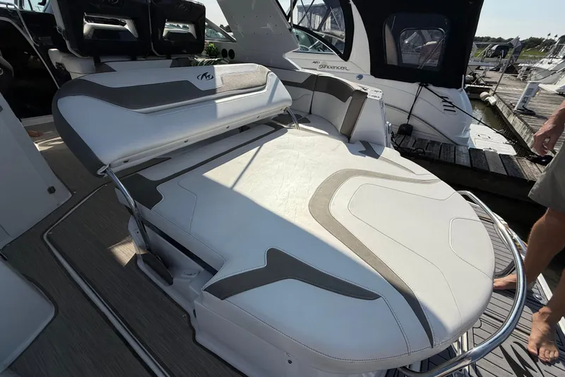  Yacht Photos Pics 2018 Monterey 355 Sport Yacht interior with sleek white seating and modern design.