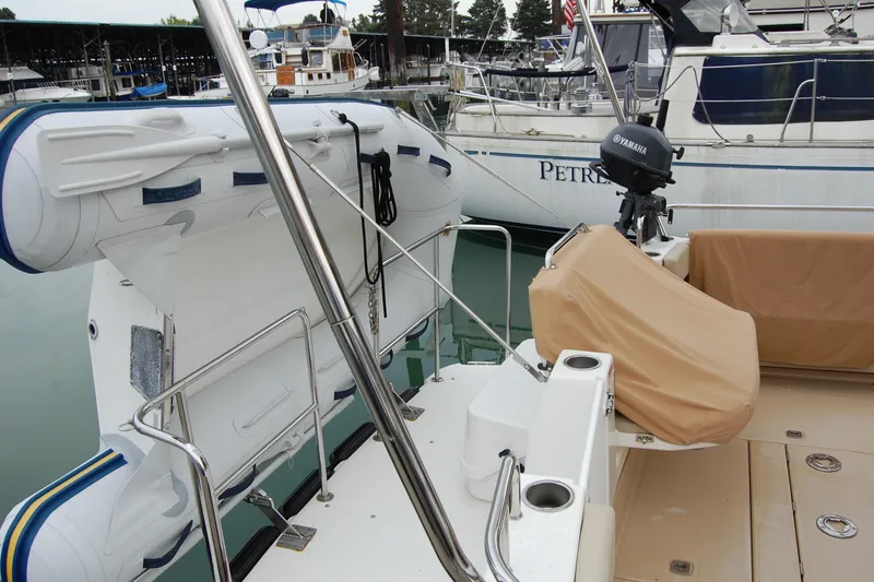  Yacht Photos Pics 2018 Ranger Tugs R29 boat with Yamaha motor and inflatable dinghy at marina.