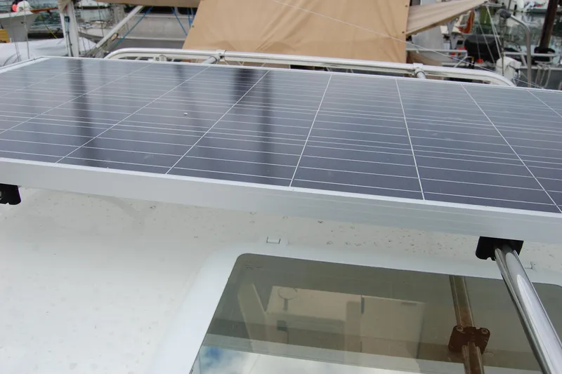  Yacht Photos Pics Solar panel on 2018 Ranger Tugs R29 boat roof, docked in marina.