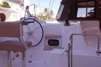 Nautitech 40 Open 2018 yacht cockpit with steering wheel and seating area.