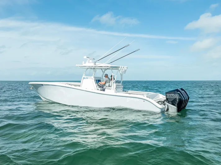  Yacht Photos Pics 2020 Yellowfin 34 boat on open water under blue sky.
