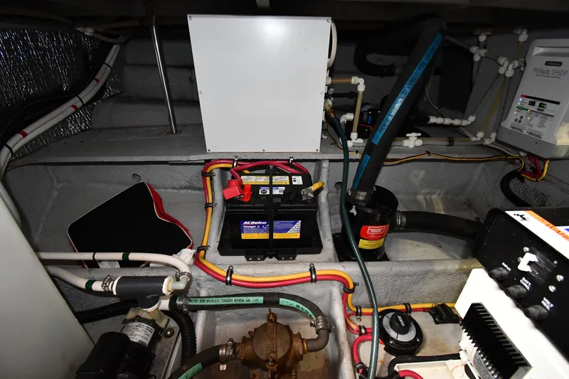 Lady Louise Yacht Photos Pics Engine room of a 2000 Silverton 392 Motor Yacht with battery and wiring.