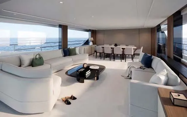  Yacht Photos Pics Luxurious interior of 2025 Princess Y95 Motor Yacht with elegant seating and ocean views.
