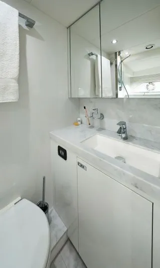  Yacht Photos Pics Luxurious bathroom in 2025 Princess Y95 Motor Yacht with modern fixtures and sleek design.