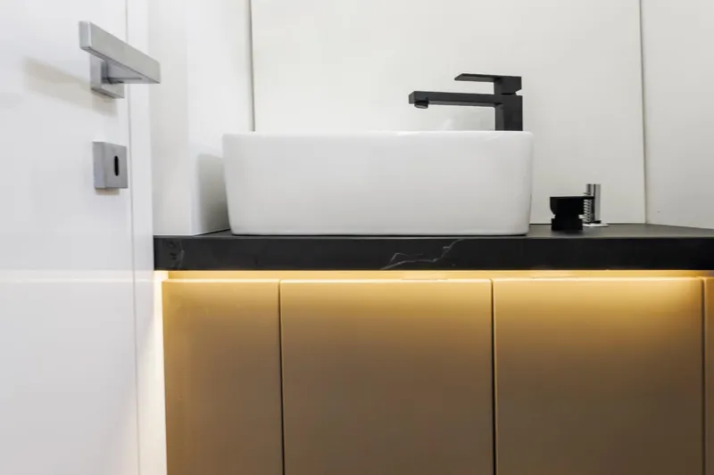  Yacht Photos Pics Modern bathroom with illuminated vanity and stylish faucet, Sea Water Ghost 420.