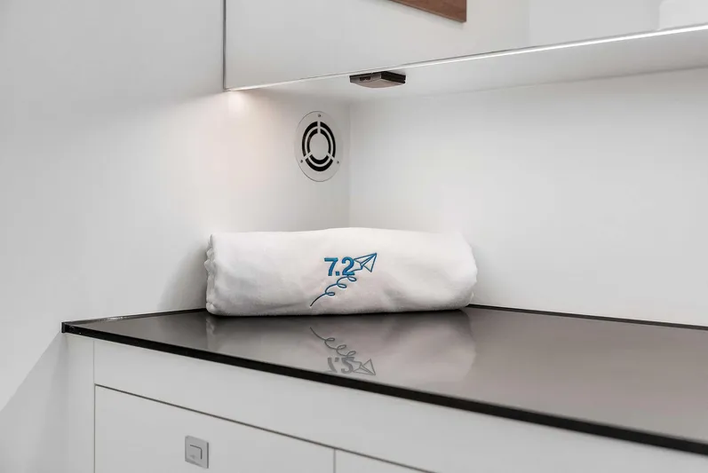 Spectra Yacht Photos Pics Towel on sleek countertop inside 2021 Vanquish Yachts VQ 45.