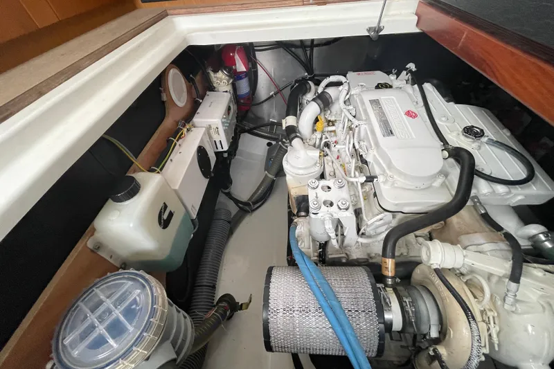A To Z Yacht Photos Pics Engine compartment of a 2018 Beneteau Swift Trawler 35, showcasing mechanical components.