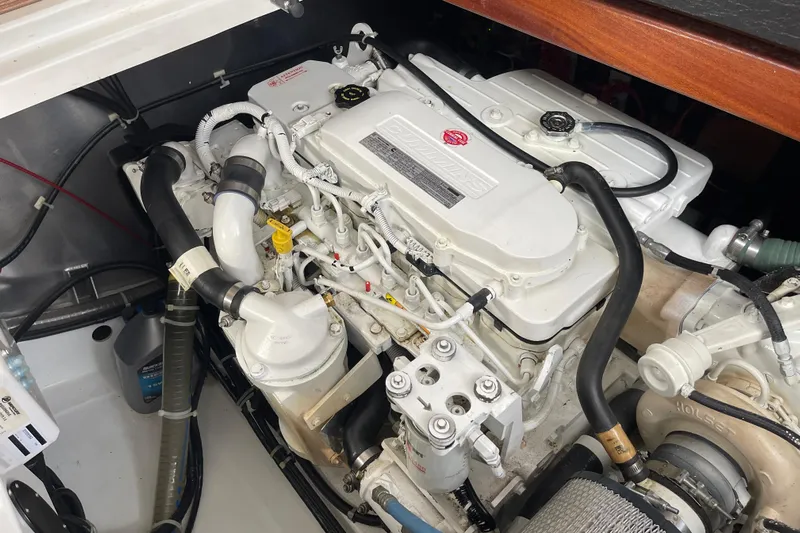 A To Z Yacht Photos Pics Engine compartment of a 2018 Beneteau Swift Trawler 35, showcasing detailed mechanical components.