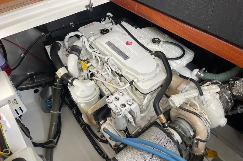 A To Z Yacht Photos Pics Engine compartment of a 2018 Beneteau Swift Trawler 35, showcasing detailed mechanical components.