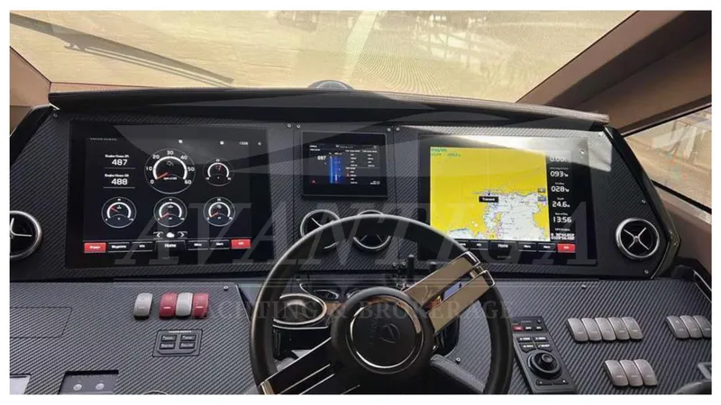  Yacht Photos Pics Helm of 2016 Absolute 64 FLY yacht with advanced navigation displays and controls.