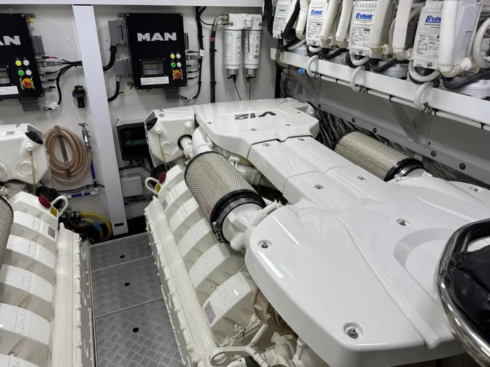  Yacht Photos Pics Engine room of a 2016 Princess 68 yacht with MAN engines and filtration systems.