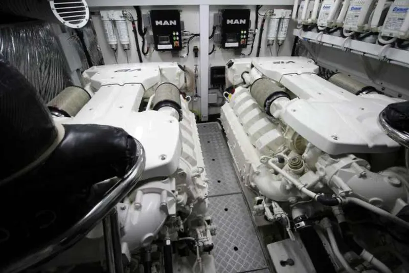  Yacht Photos Pics Engine room of a 2016 Princess 68 yacht with dual MAN engines.
