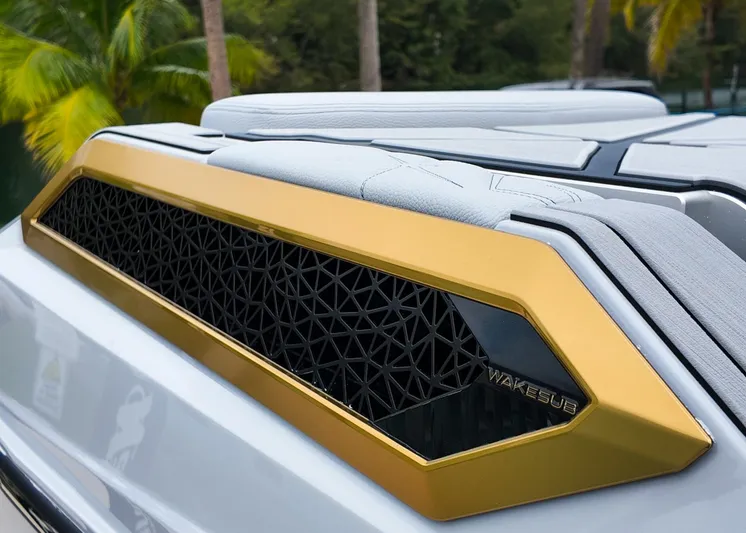  Yacht Photos Pics 2025 Nautique G23 Paragon boat detail with gold trim and textured design.