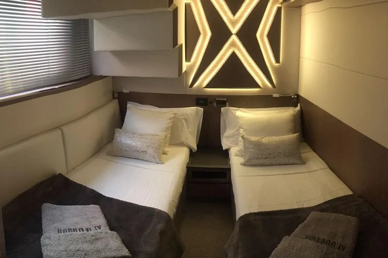  Yacht Photos Pics Luxurious twin cabin interior on 2018 Galeon 640 Fly yacht with modern lighting.