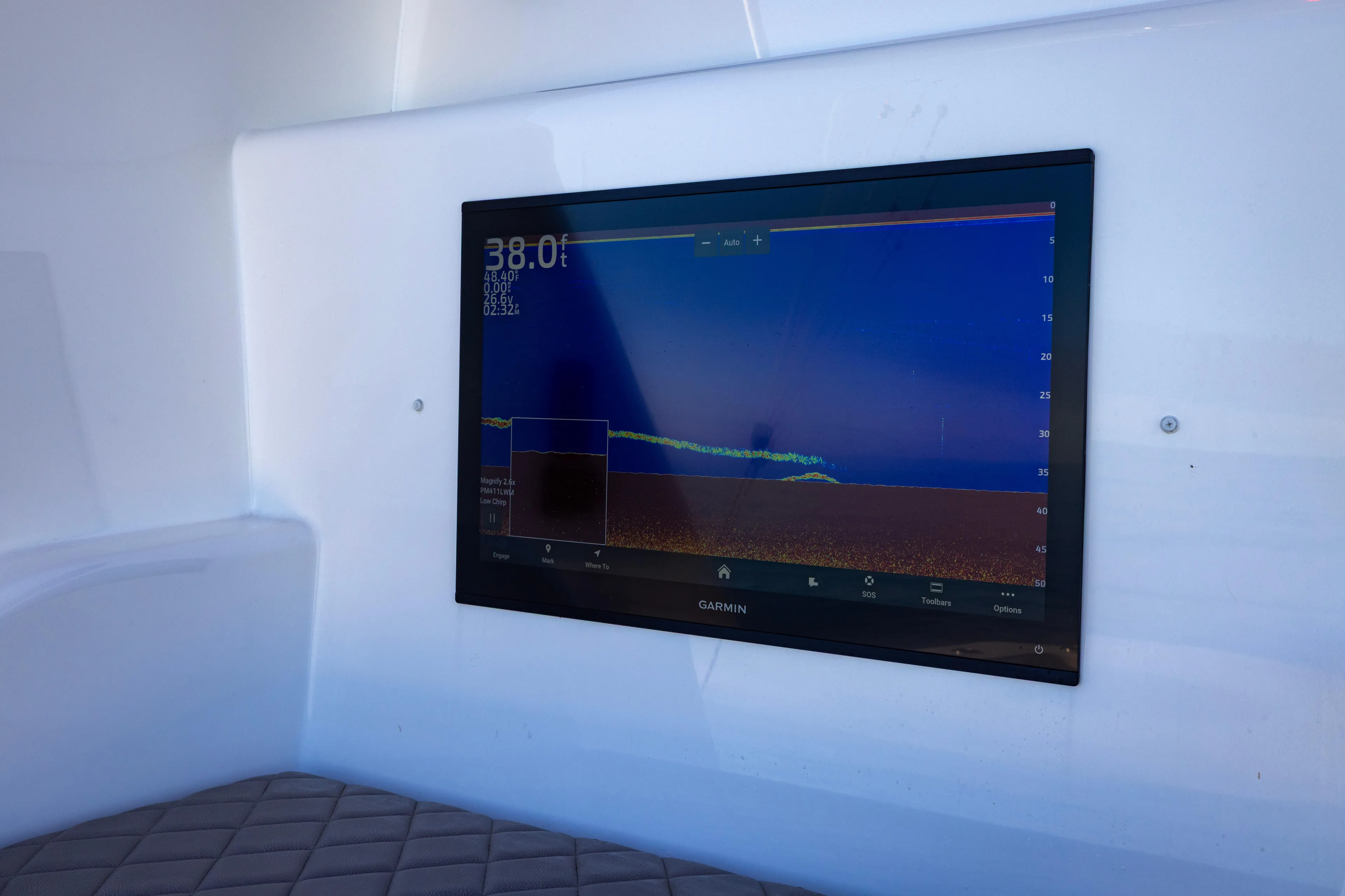 What A Country Yacht Photos Pics Garmin display on 2022 Viking 54 Sport Coupe showing sonar data.