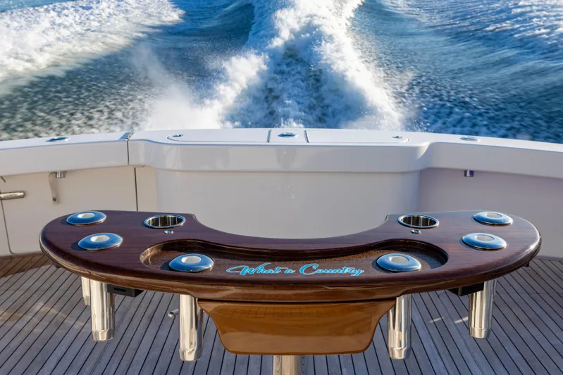 What A Country Yacht Photos Pics 2022 Viking 54 Sport Coupe yacht with custom fishing rod holder, cruising on open water.