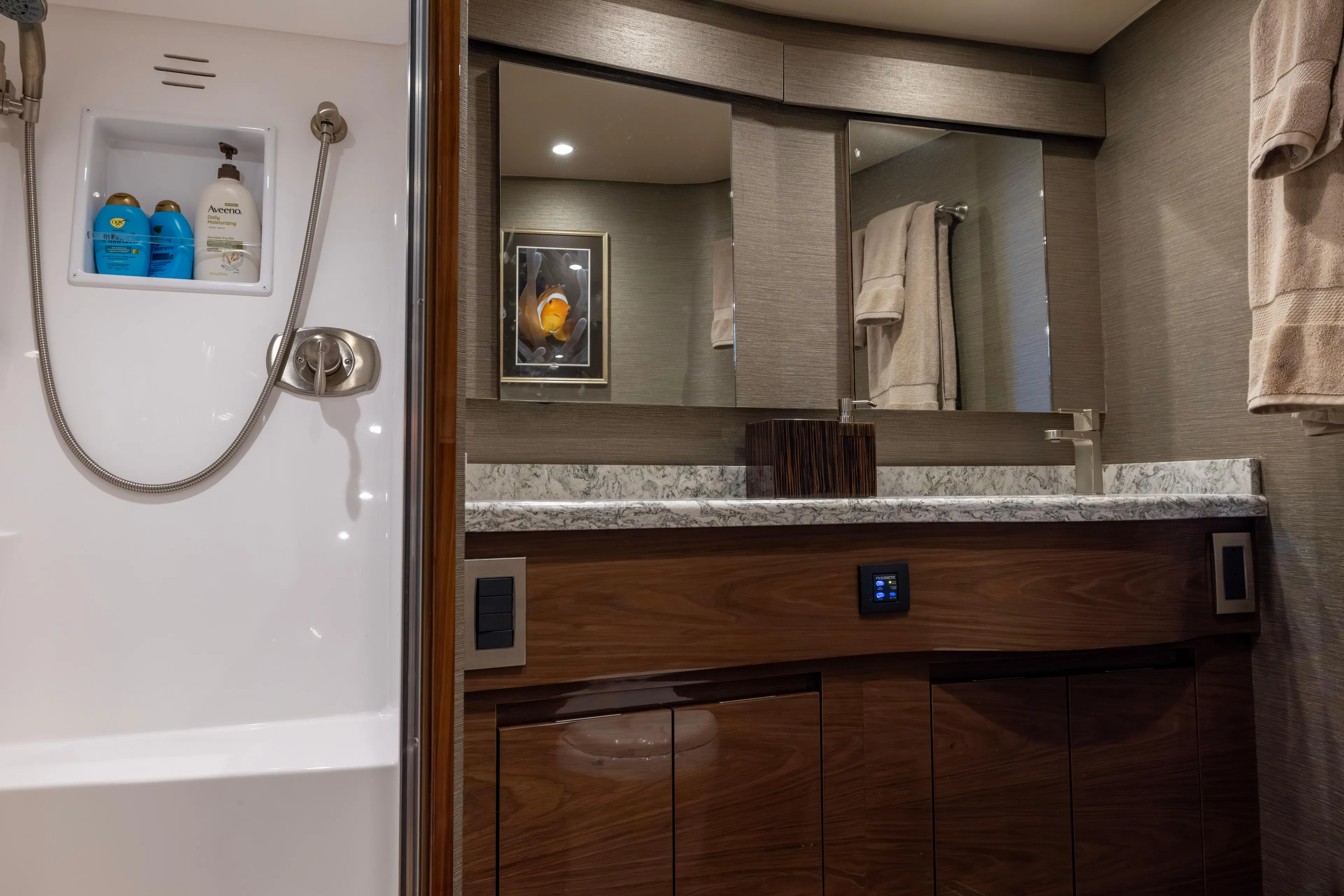 What A Country Yacht Photos Pics Luxurious bathroom in 2022 Viking 54 Sport Coupe yacht with modern fixtures and elegant design.