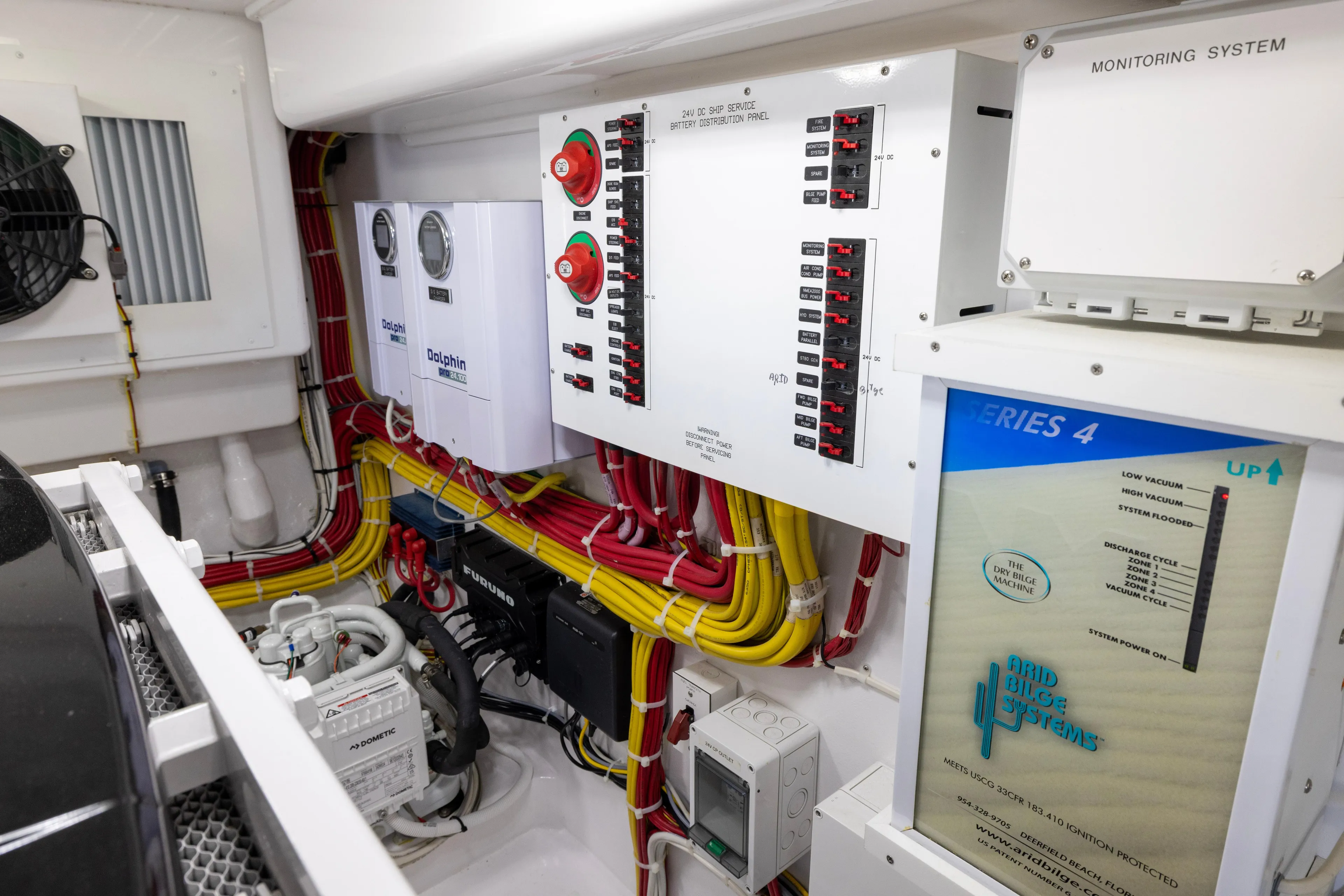 What A Country Yacht Photos Pics Electrical system of 2022 Viking 54 Sport Coupe, featuring battery distribution and monitoring panels.