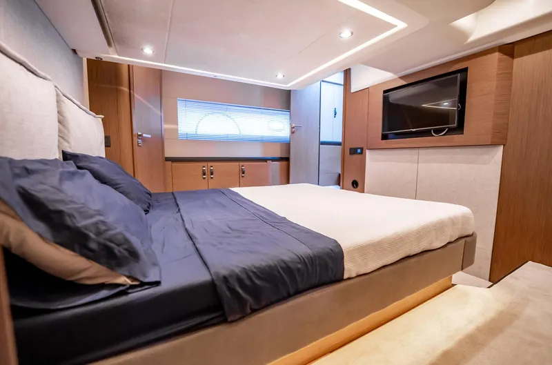 Kedem Plus Yacht Photos Pics Luxurious bedroom interior of 2021 Beneteau Monte Carlo 52 yacht with modern design.