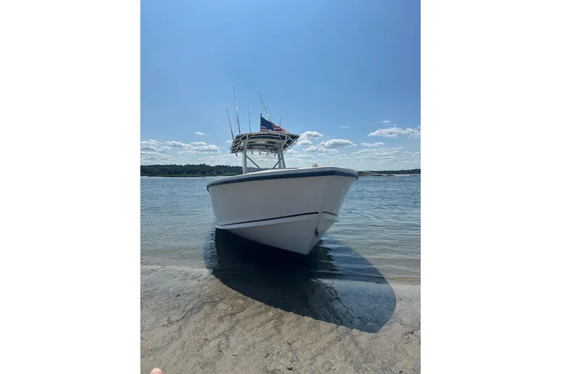  Yacht Photos Pics 2004 Ocean Master 31 Center Console boat on sandy shore under clear blue sky.