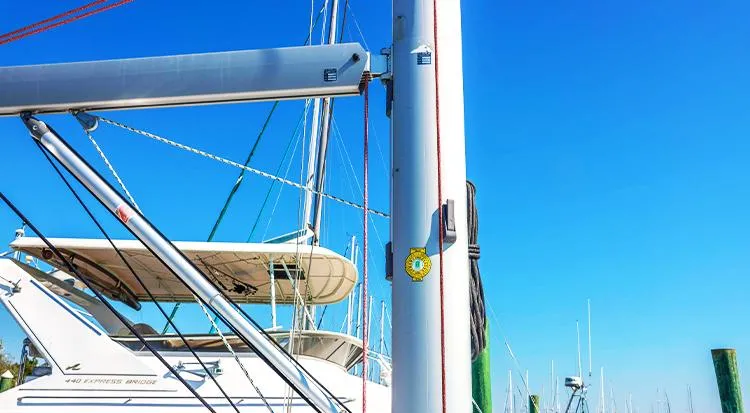 New Horizon Yacht Photos Pics Beneteau Oceanis 45 sailboat mast and rigging against clear blue sky, 2018 model.